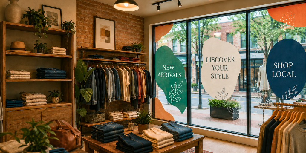 Alt Text: Retail boutique interior showing branded window graphics with promotional messages, decorative decals, and natural storefront visibility designed to attract shoppers.