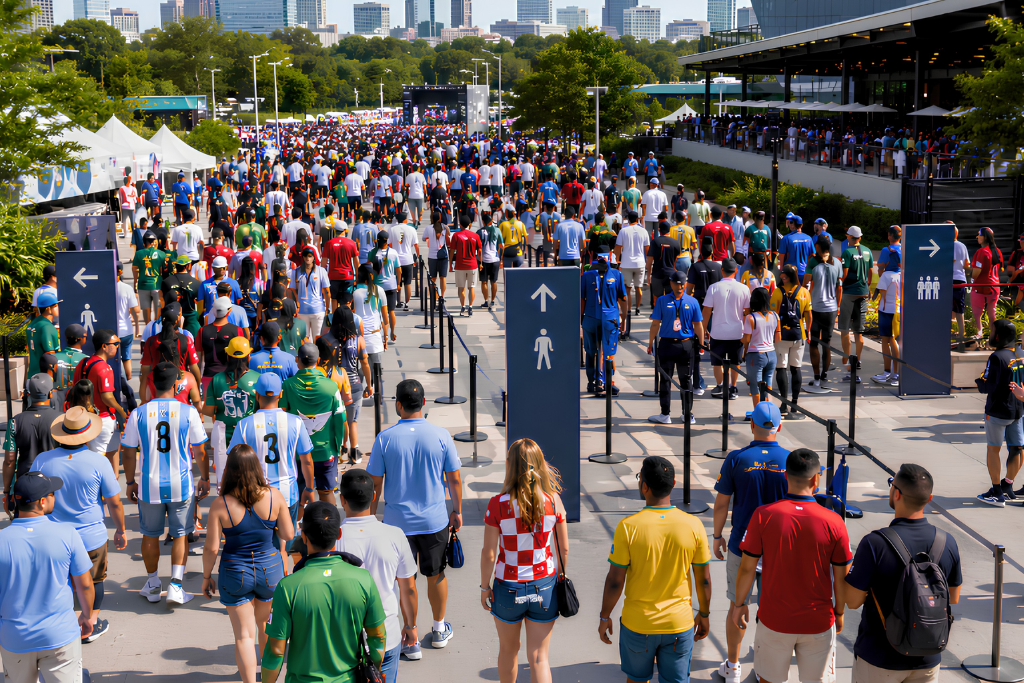 Large daytime crowd walking through a clearly guided outdoor watch party area in Atlanta, with crowd-control barriers, directional signage, and a busy fan festival atmosphere near the stadium.