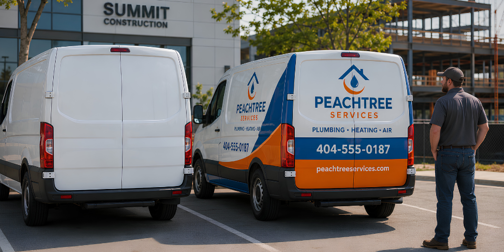 A plain white commercial van parked beside a professionally branded service van showing the difference vehicle graphics can make.