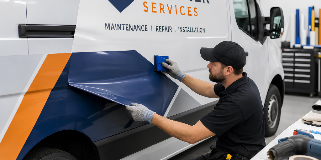 A technician applying vinyl graphics to a commercial van inside a professional wrap installation shop.